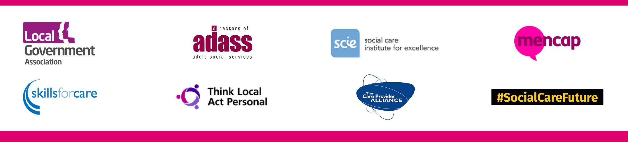 Logos of LGA, ADASS, SCIE, mencap, skills for care, TLAP, social care future and the care provider alliance 