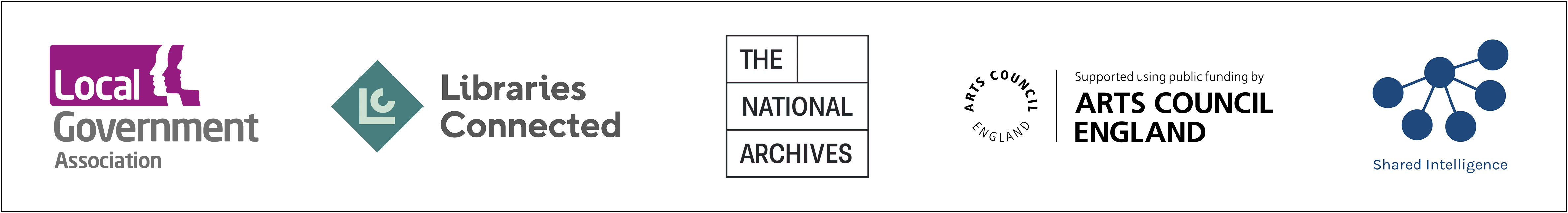 LGA logo, Libraries connect logo, The National Archives logo, Arts Council England logo and Shared Intelligence logo