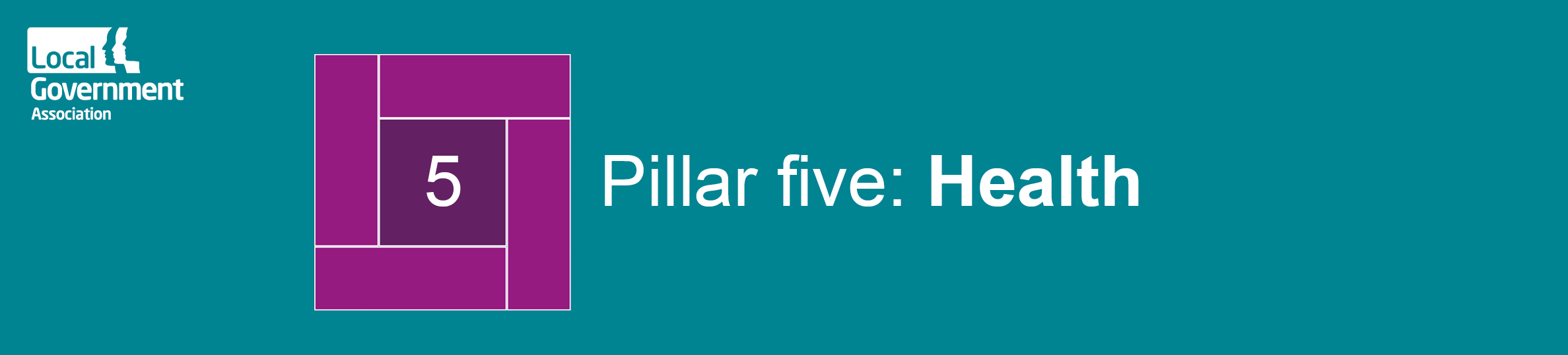 A dark green vertical banner with a purple cube with the number five in the middle. To the right of the cube is the text 'Pillar five: healthy'