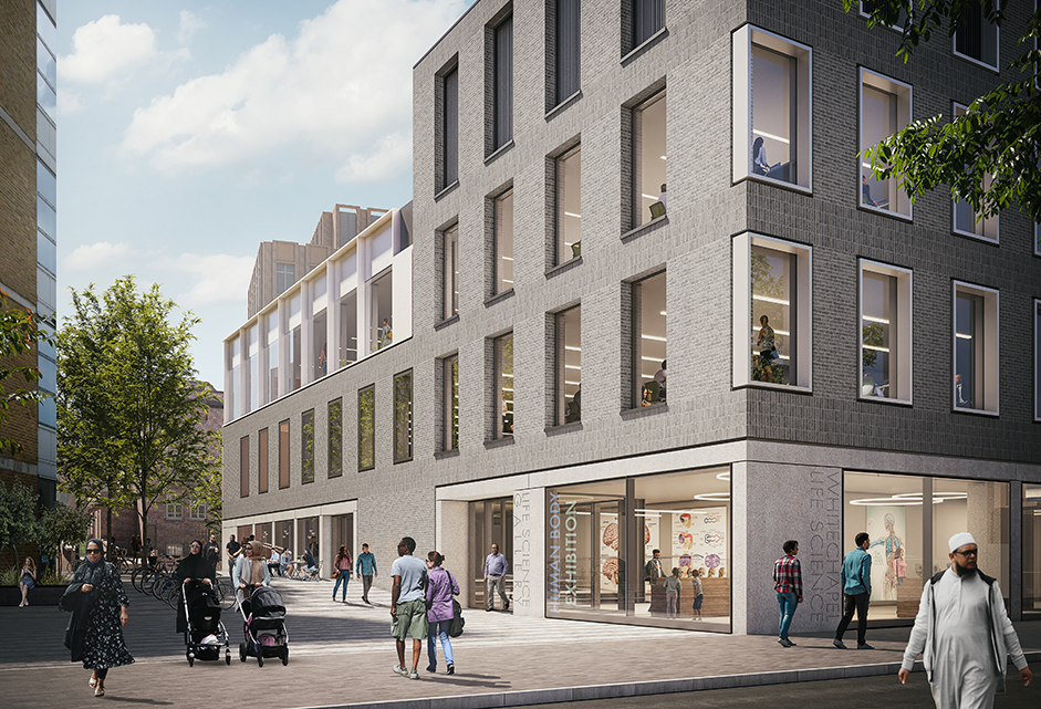 front of the building in the future showing the shops and people walking across the streets