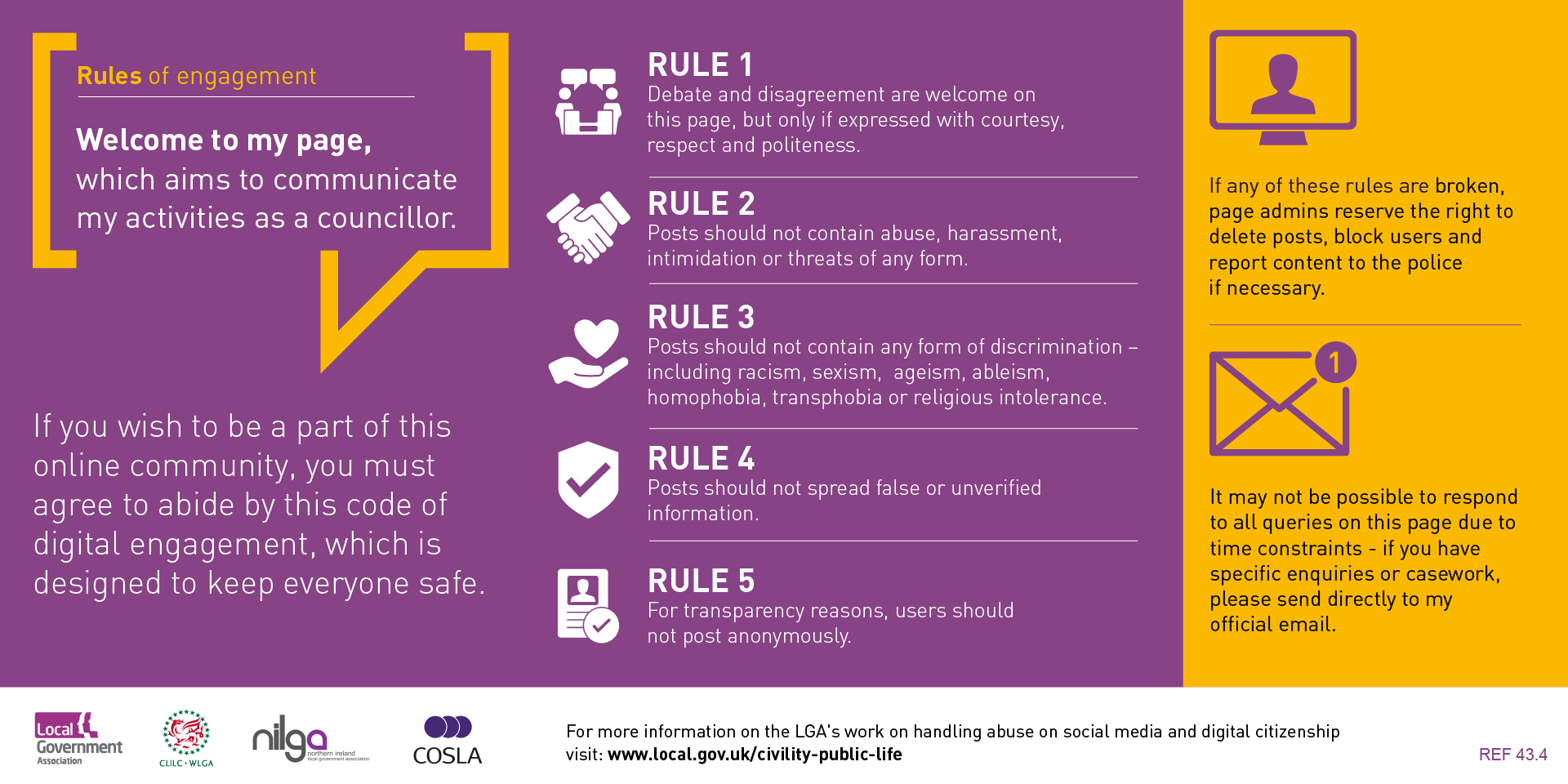 Social media rules of engagement in English. See below the image for a full description of the text.