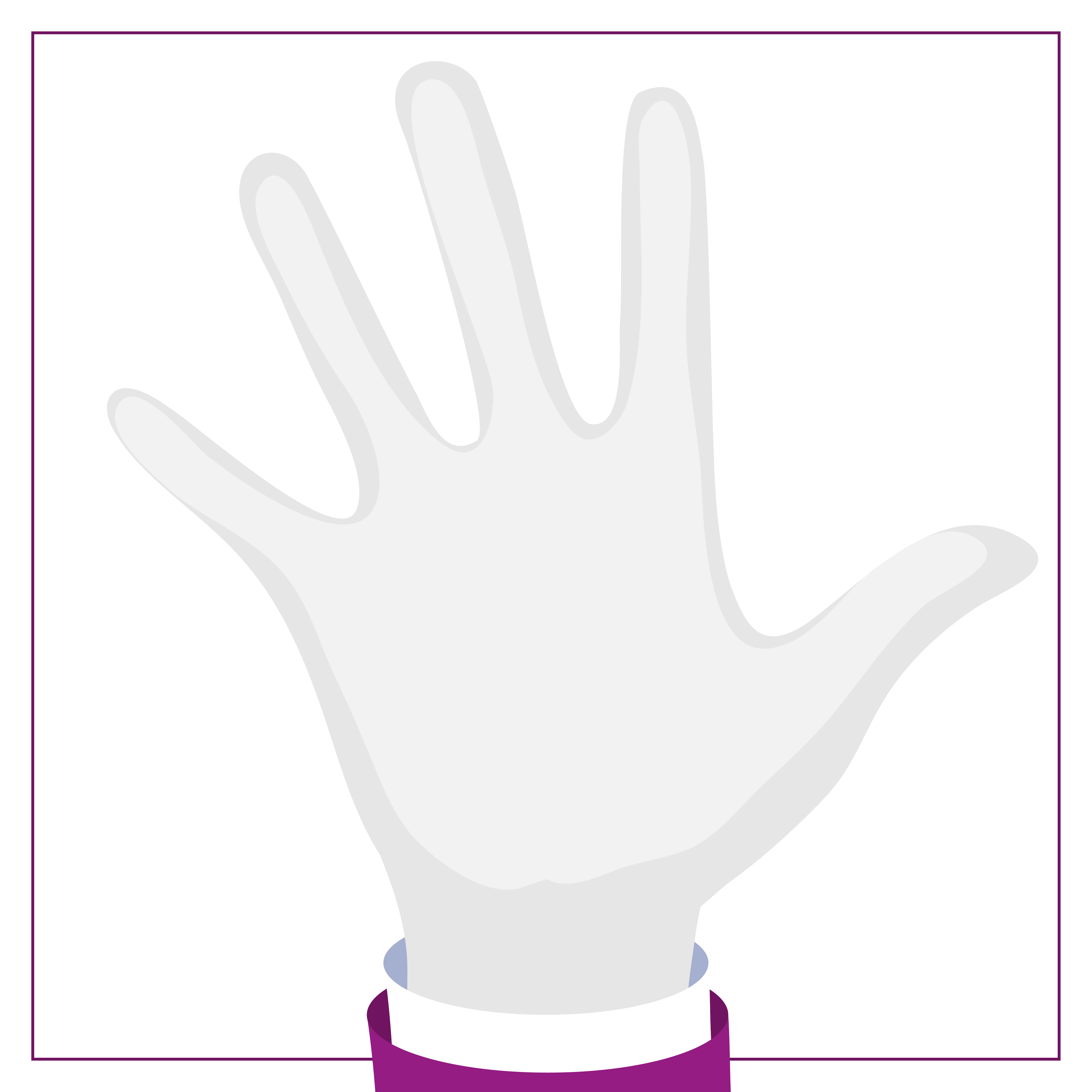 Illustration of a hand with extended fingers, emerging from a purple sleeve, centered on a white background, conveying a minimalist, calm tone.