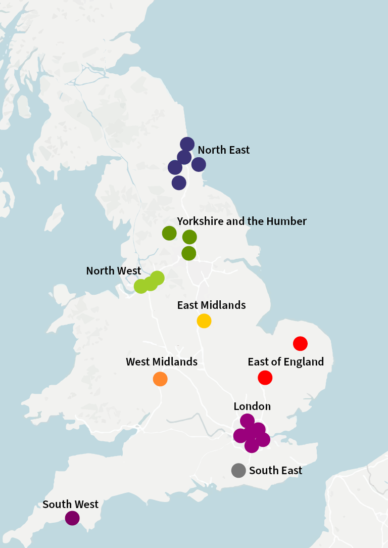 A map of England showing the geographical spread of health and care career academies. Table 1 captures the number of academies per region. 
