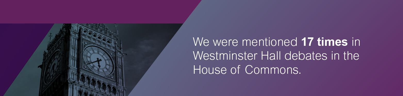 We were mentioned 17 times in Westminster Hall debates in the House of Commons