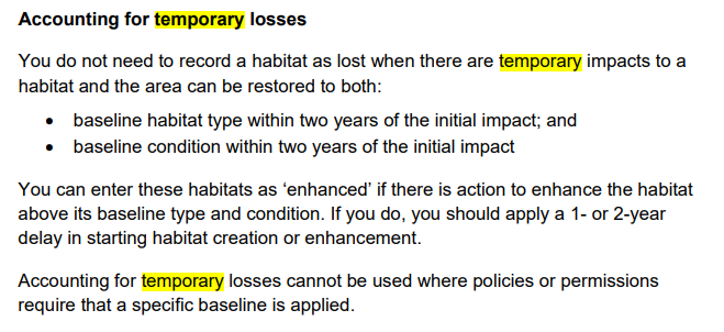 A screenshot of the 'Accounting for Temporary Losses' section of the (DEFRA) Statutory Biodiversity Metric User Guide.