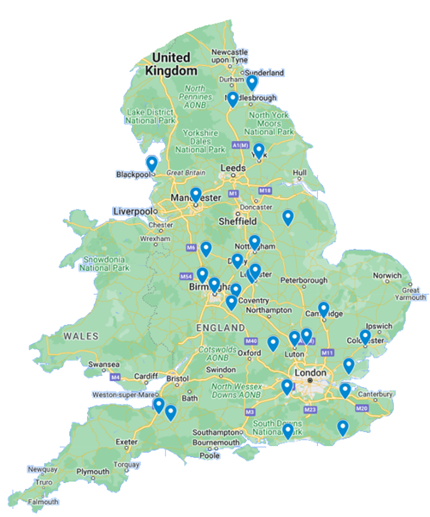 A map of the UK showing the geographical spread of attendees, explained in Table 2
