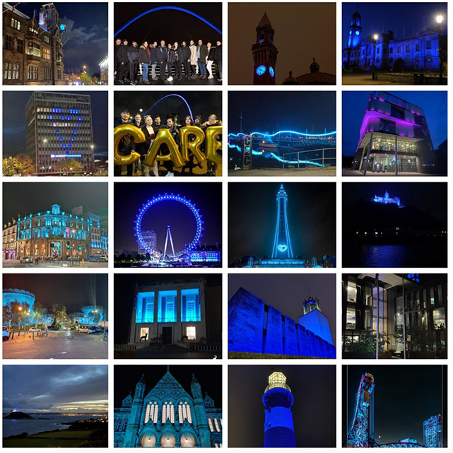 An array of buildings lit up in a shade of blue to celebrate Care leavers week