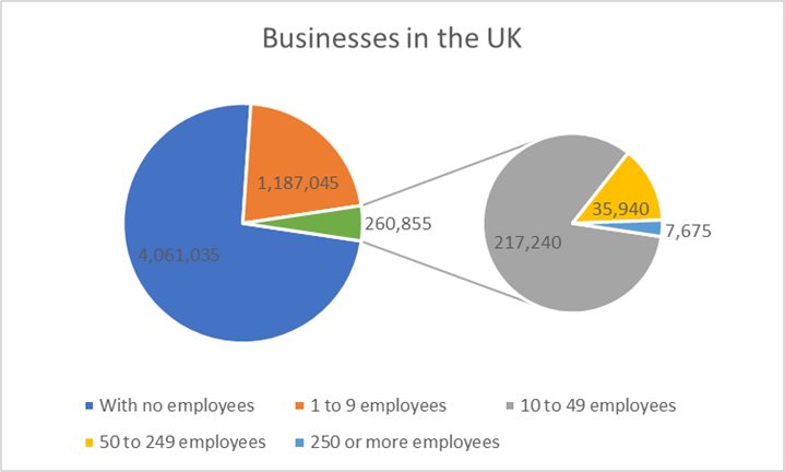 Pie char of businesses in the UK by employee number 