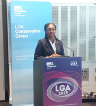 Kemi Badenoch speaking at the LGA Conservative Group Dinner at the 2025 LGA Conference