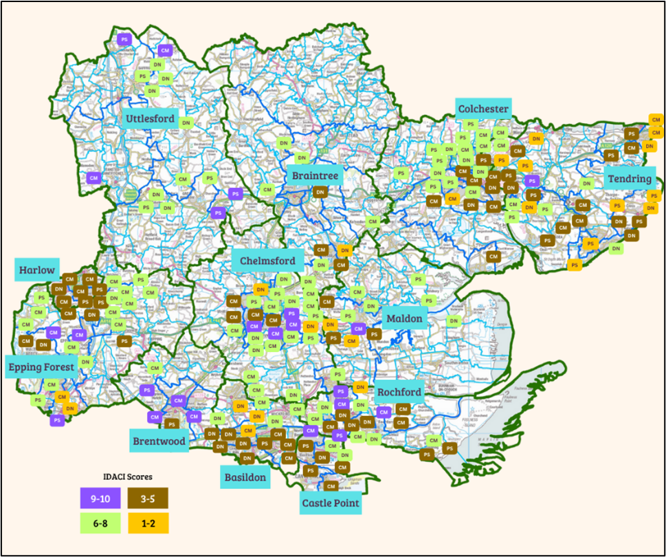 Map showing 207 early years settings (67 pre-schools, 58 day nurseries, 94 childminders), estimated to support over 7,000 children, across all 12 Districts of Essex, covering rural and urban geographies, and each deprivation decile (categorised by Income Deprivation Affecting Children Index, IDACI).