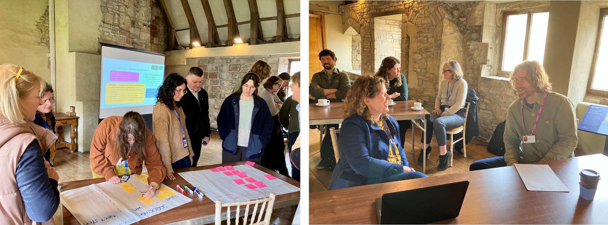Two pictures side by side showing different images of workshop attendees