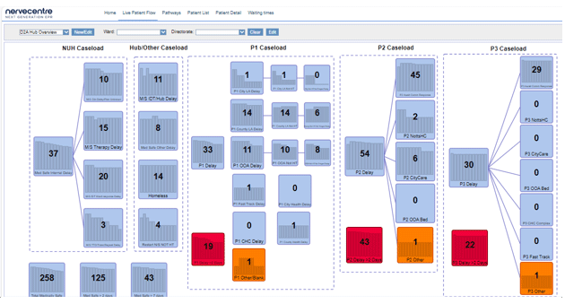 Snapshop of a Nervecentre Live Patient Flow Dashboard provided by Nottingham University Hospitals