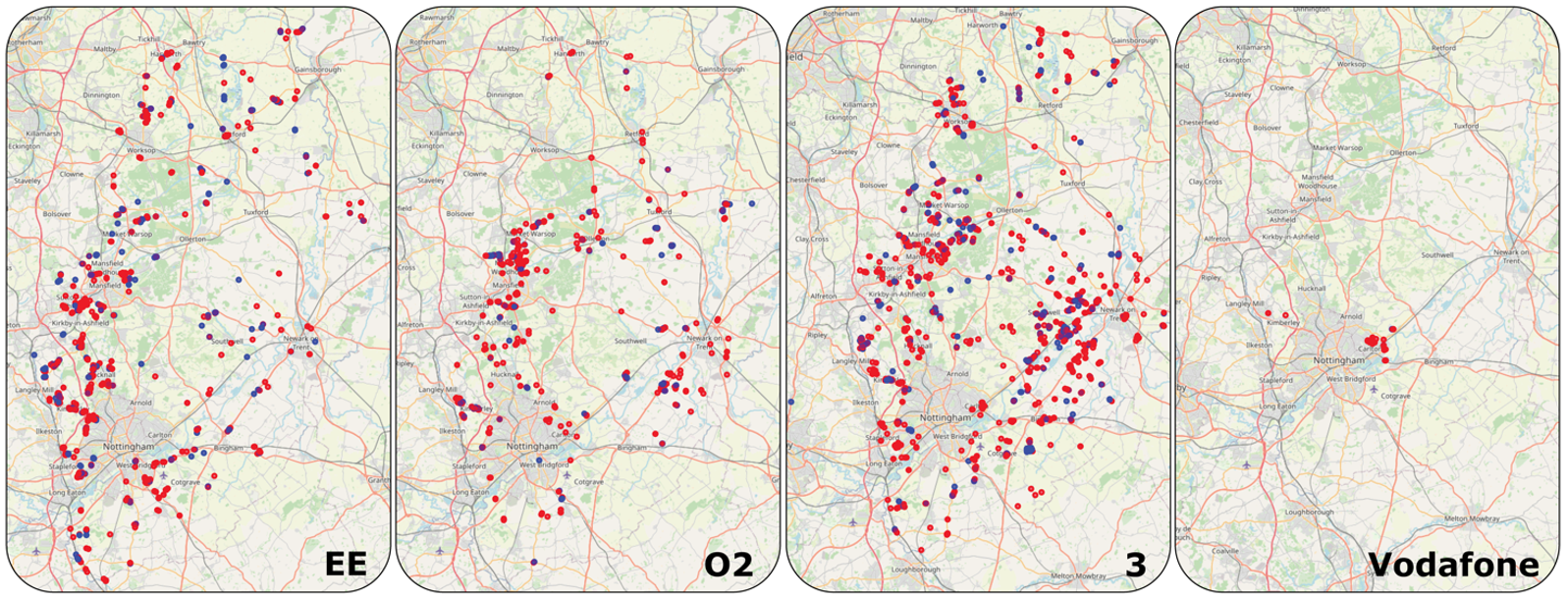 Four maps showing 5G not spots and poor coverage in Nottinghamshire for each of the four Mobile Network Operators. From left to right, EE, O2, 3, Vodafone.