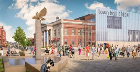 Graphic plans of people walking around a town centre with an Odeon in the town hall