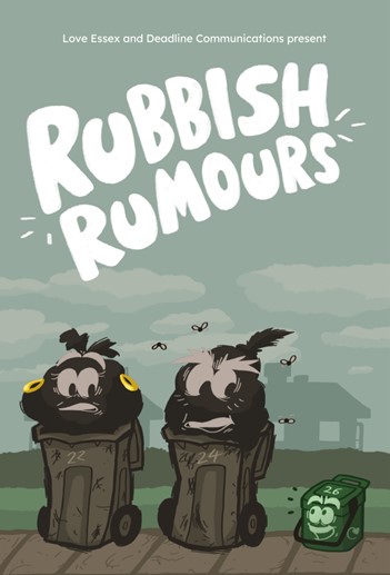 Cartoon of two rubbish bins panicking next to a small green recycling bin. 