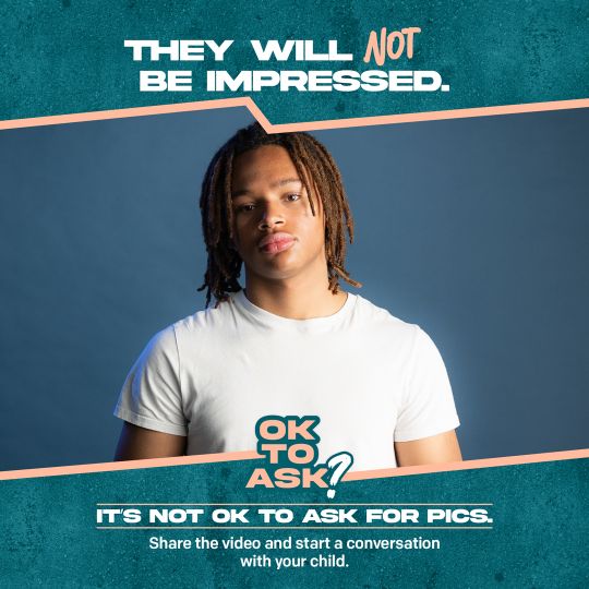 Teenage boy with dreadlocks in white t-shirt against blue background with text: “They will NOT be impressed. OK to ask? It’s not OK to ask for pics.”