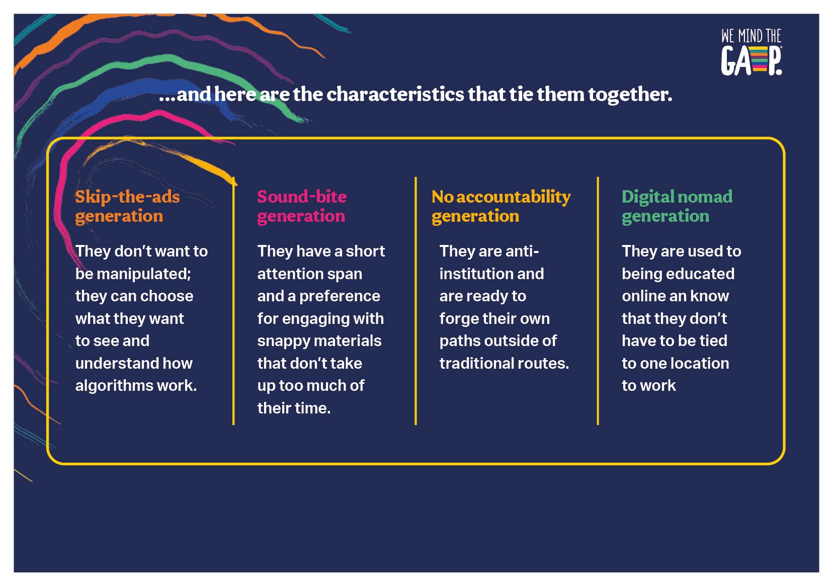 four characteristics of young people: skip-the-ads generation, sound-bite generation, no accountability generation, and digital nomad generation.