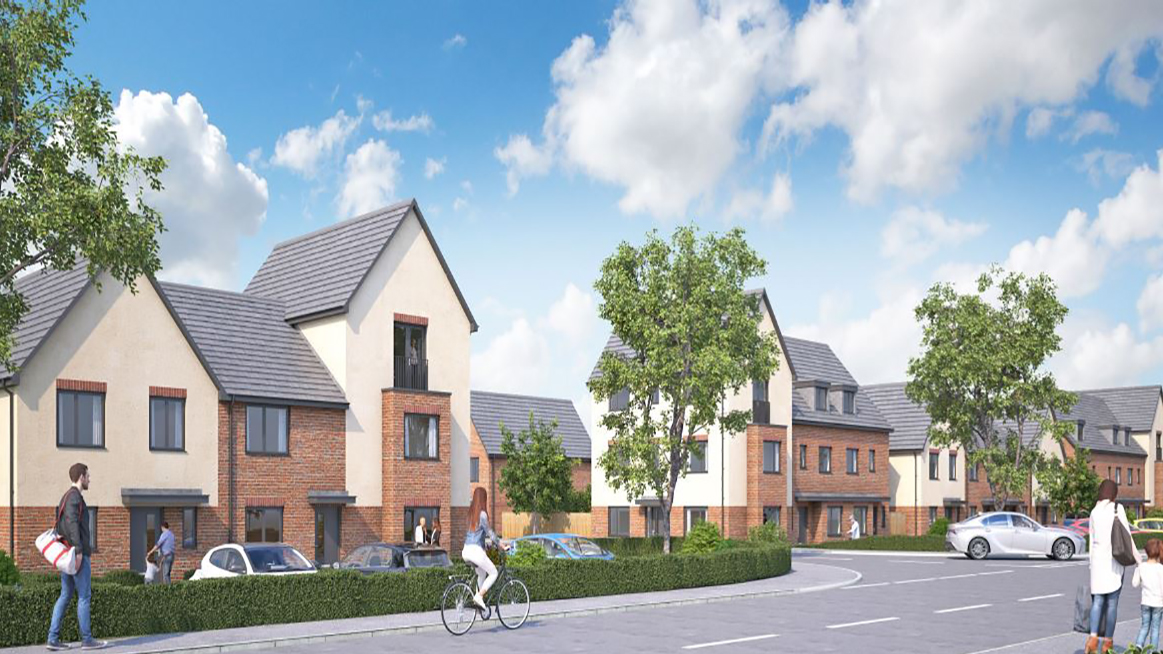 Artist impression of a row of modern houses by a tree lined road