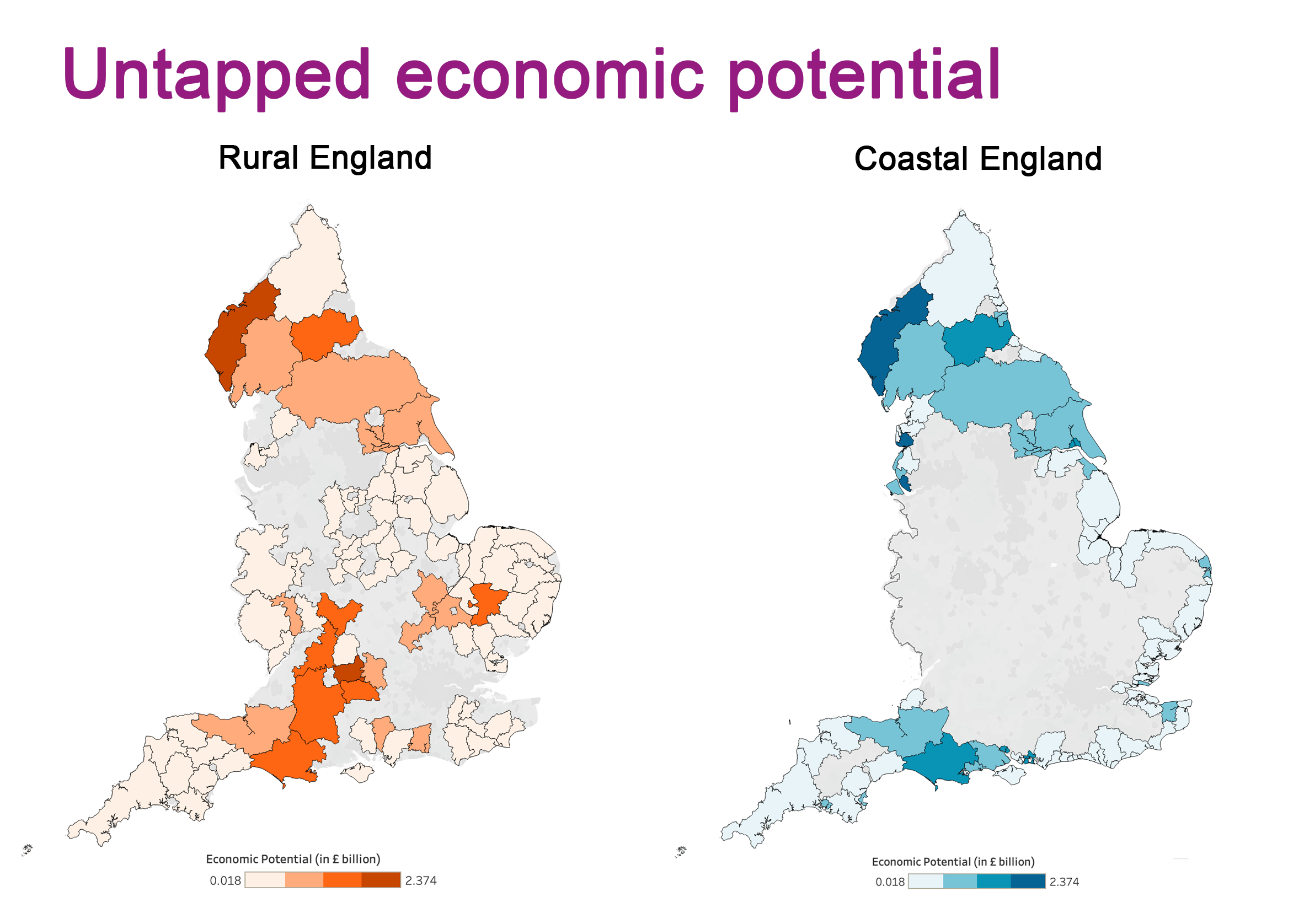 Two maps of England showing the untapped economic potential of rural areas on the left and coastal areas on the right. Cumberland shows a high potential at £2.3 billion, and Vale of White Horse shows £1.8 billion.