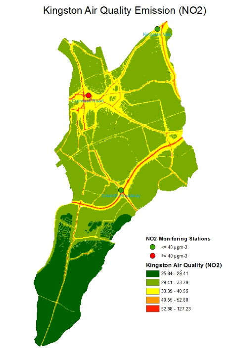 A map showing Kingston's NO2 levels