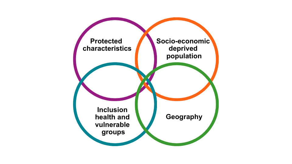 Figure 1 shows four overlapping circles.  Protected characteristics; socio-economic deprived populations; geography; inclusion health and vulnerable groups.