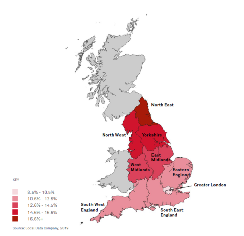 Map of great britain showing the worst effected areas for empty shops