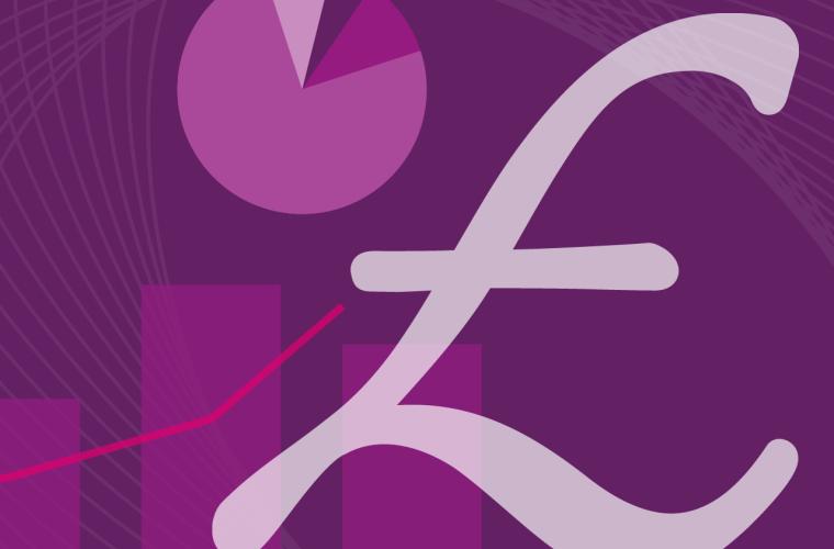 Pound sign, pie chart and bar graph on purple background