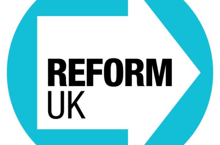 Reform UK in bold black text inside a white arrow on a light blue background