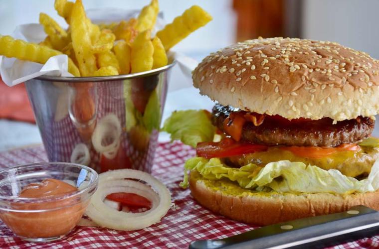 Burger and chips meal