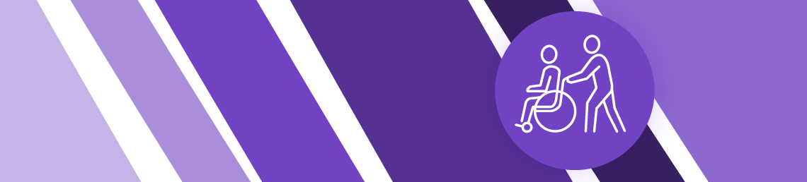 Re-thinking local: adult social care - banner with purple stripes and an icon with a person in a wheel chair