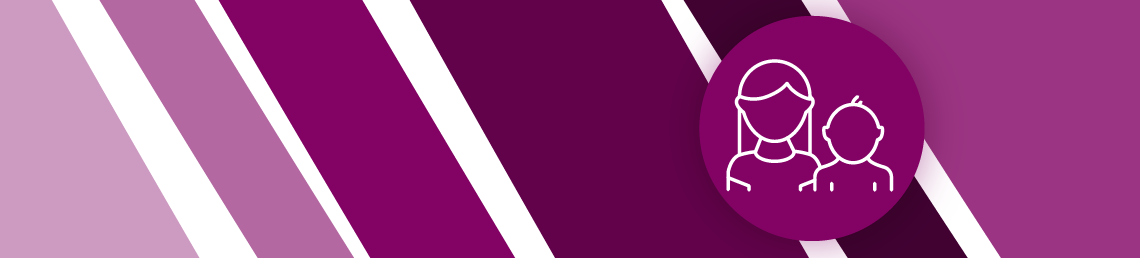 Re-thinking local: children and young people - purple striped on a white background with a purple icon of two children