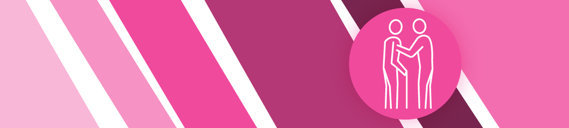 Re-thinking local: supporting vulnerable people - pink stripes on a white background with a pink icon of an elderly person with a cane in the foreground