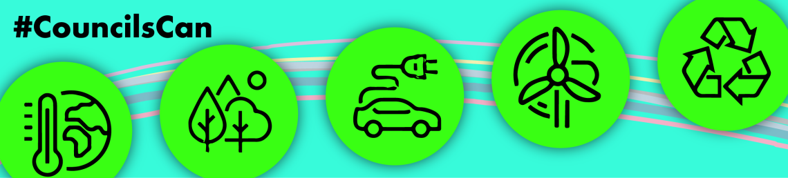 Banner image for green jobs, including icons of renewable energy, jobs and climate change