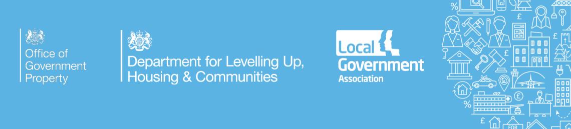 Blue banner with logos of Office of Government property, Department for Levelling up, housing and Communities, and the LGArnment property