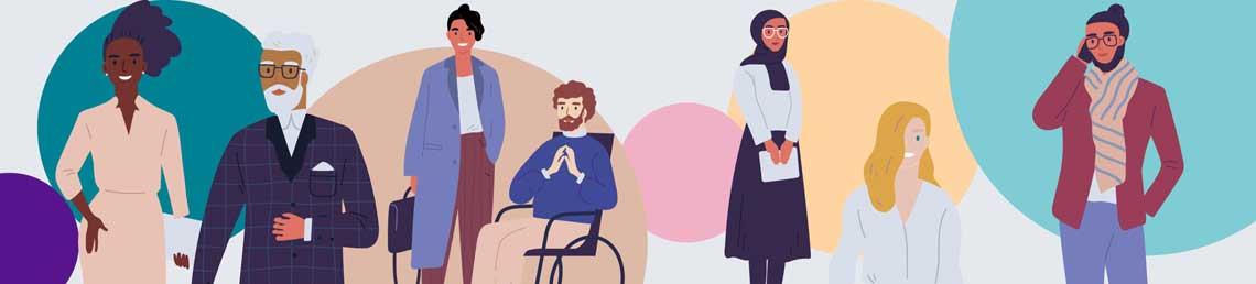 Diverse by design banner image - graphics of different men and women