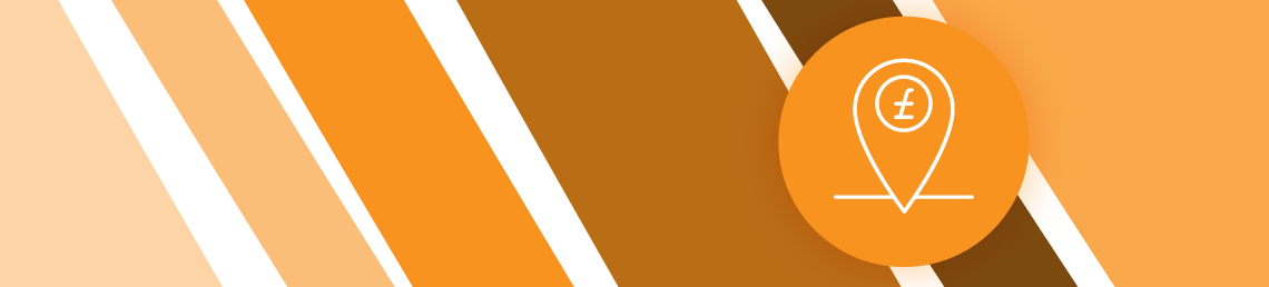 Re-thinking local: funding services and investing in communities - horizontal orange stripes with an orange icon of a location pin with a pound sign in the foreground 