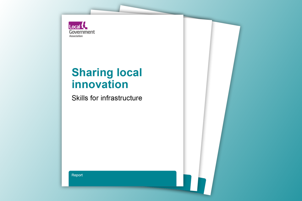 Sharing local innovation: Skills for infrastructure in teal on a stack of white pages