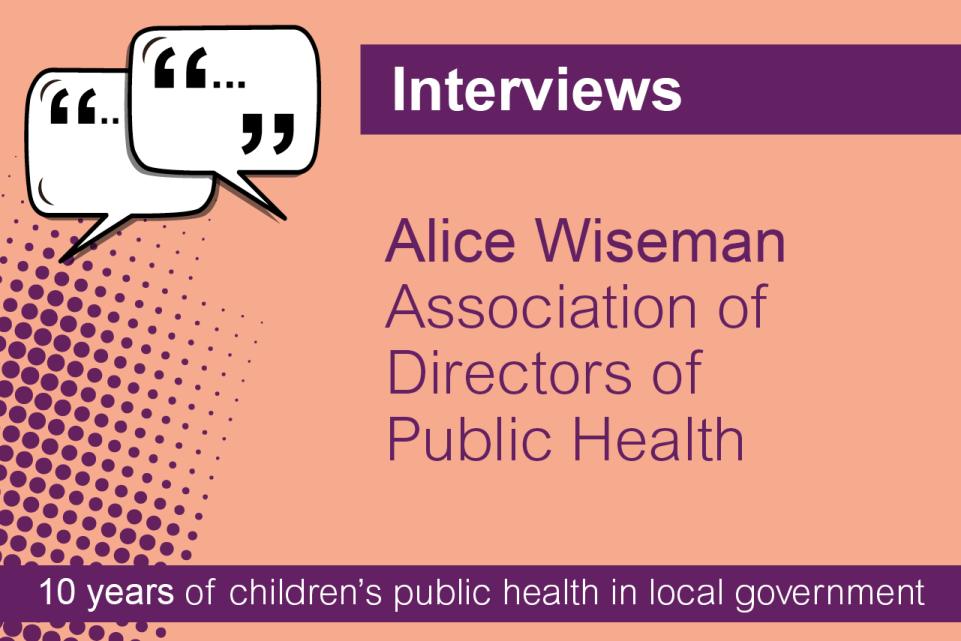 Interviews in a purple box. on a peach colour background is the text in purple, Alice Wiseman Association of Directors of Public Health. On the left top corner is two speech bubbles.