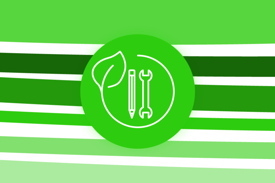 Re-thinking local: skills and the green economy - bright green stripes on a white background with a green icon of a pen and a wrench in the foreground