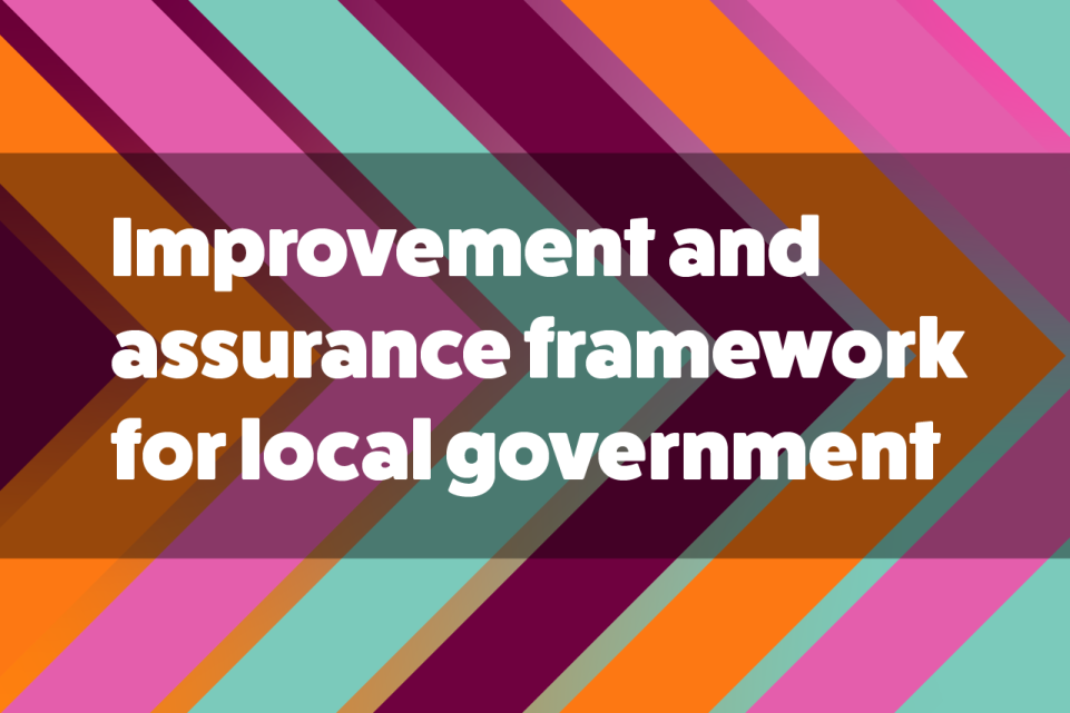 White text reading Improvement and assurance framework for local government on orange, green, pink chevron background 
