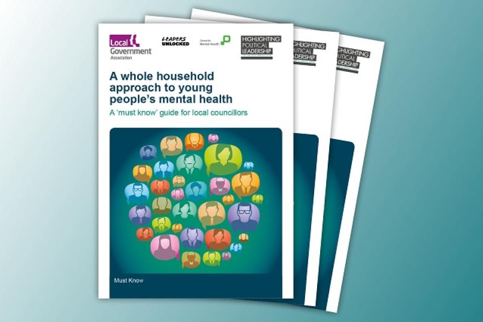 A whole household approach to young people's mental health including blue background and bright coloured head shots of people