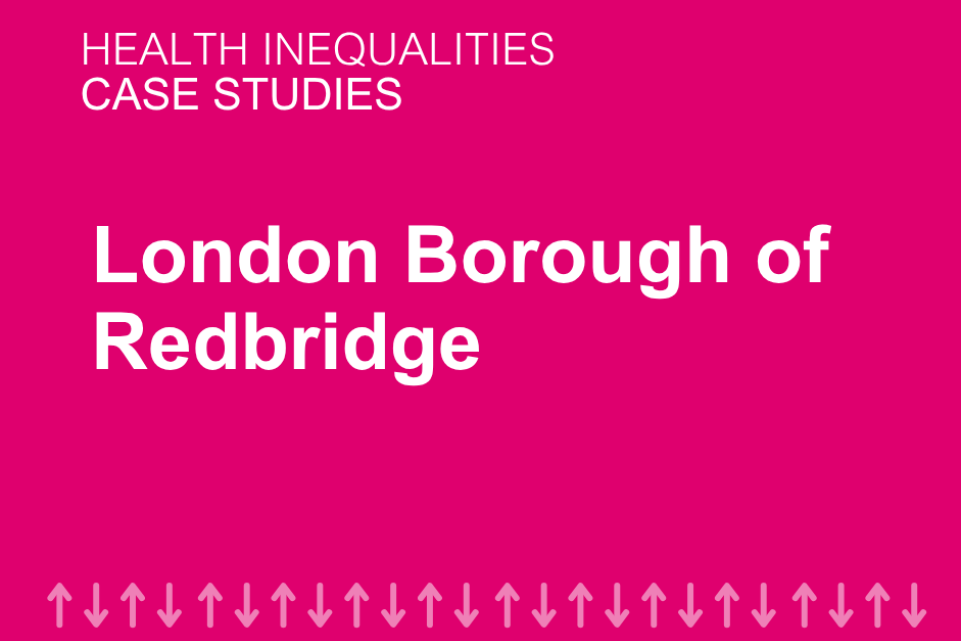 A pink background with text in white which reads: London Borough of Redbridge health inequalities case study
