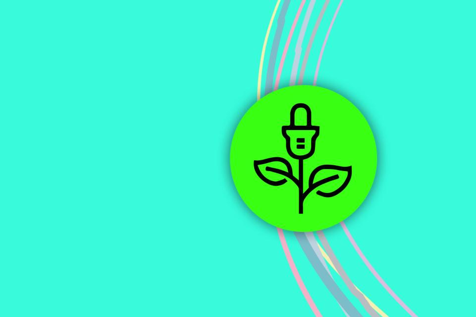 A turquoise image with a neon green wound icon of a plant/light bulb hybrid representing green innovation 